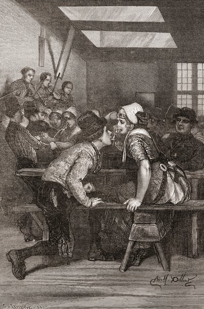 A Young Man Holds a Glass in His Teeth for His Lover to Drink From, Zeeland, the Netherlands (engraved by Charles Laplante) by Adolf Alexander Dillens